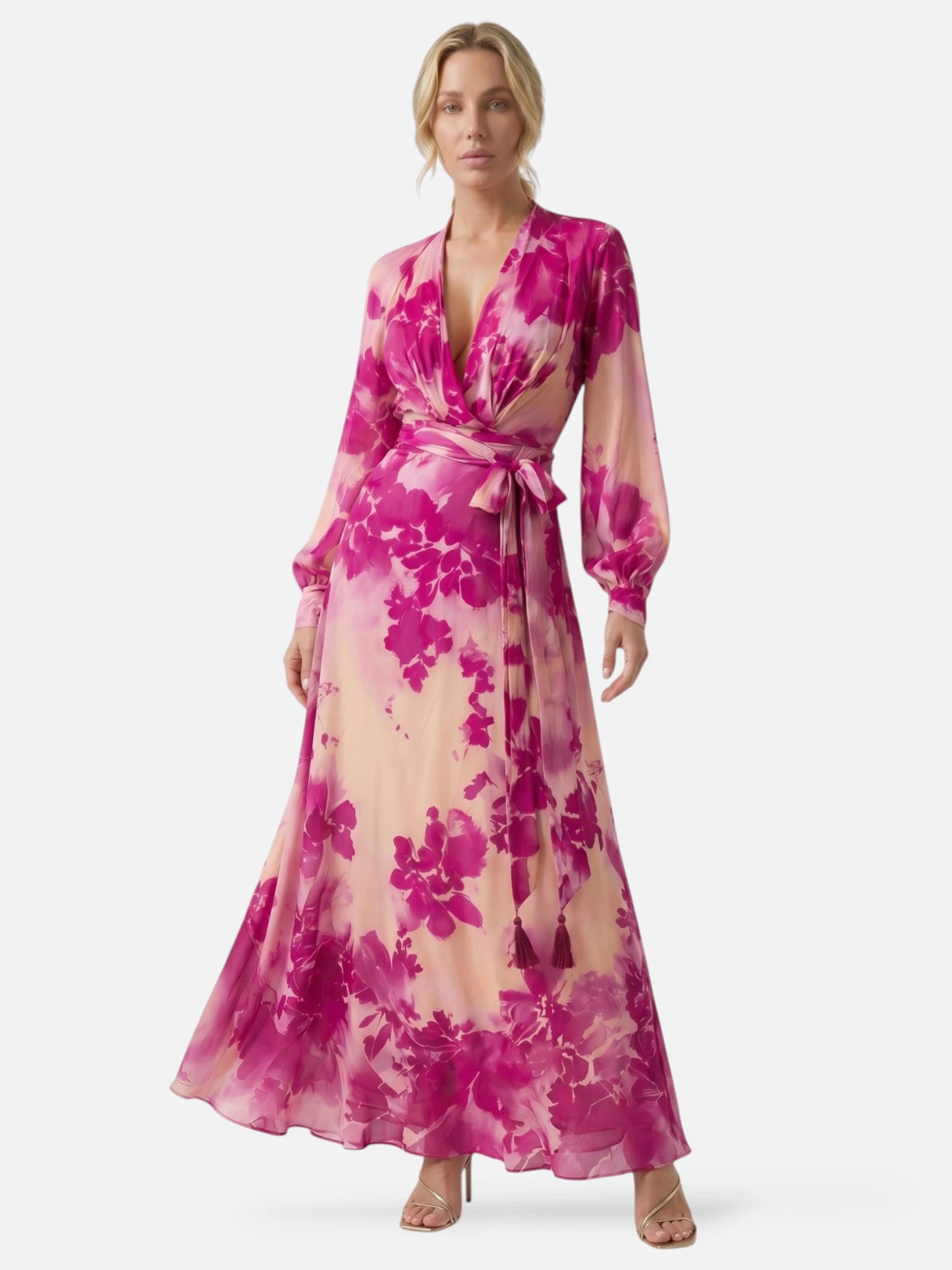 Montviro | Women’s Floral V-Neck Maxi Dress – Rose-Red Elegance