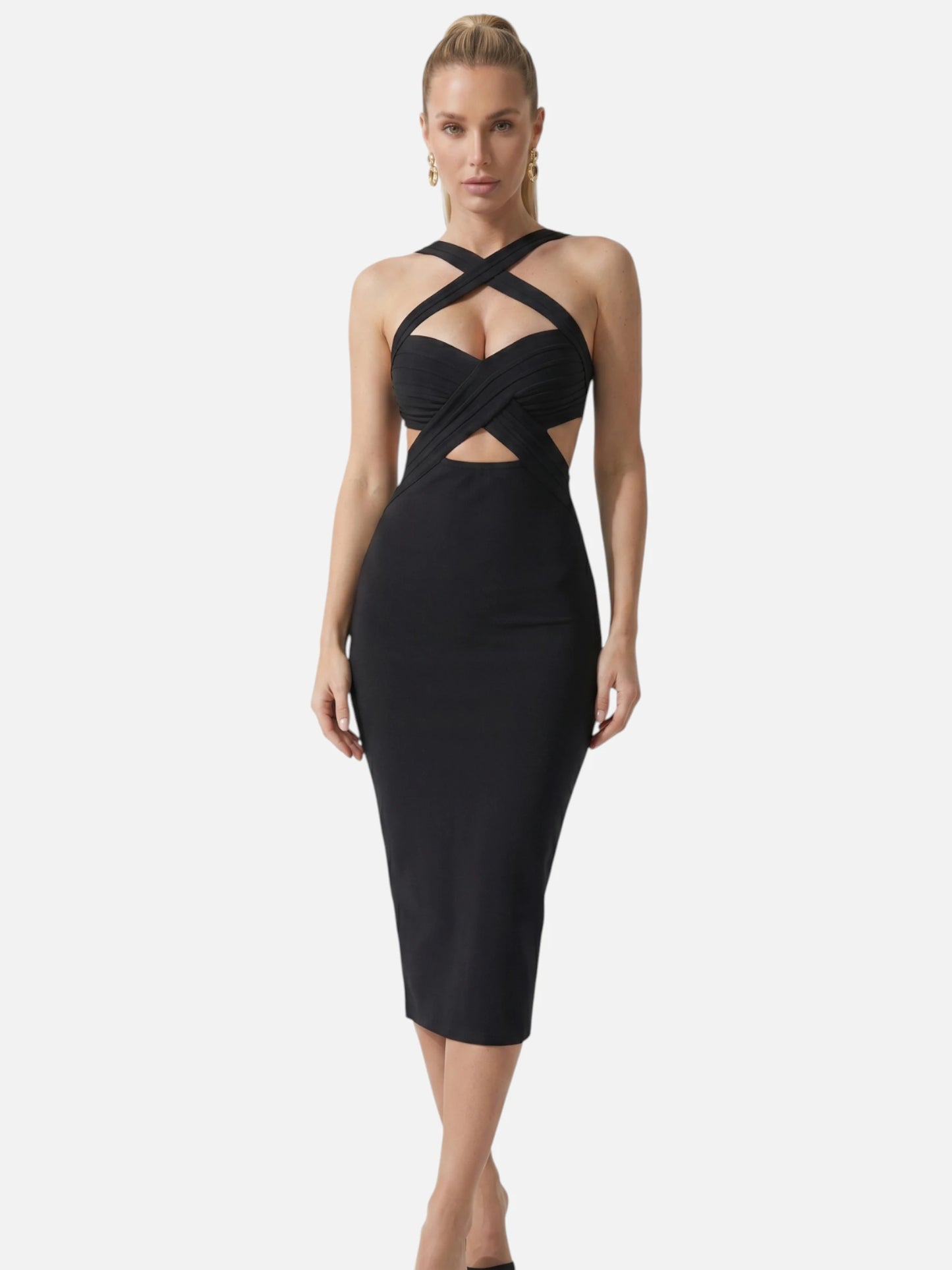 Montviro | Women’s Criss Cross Halter Midi Dress – Elegant Evening Style