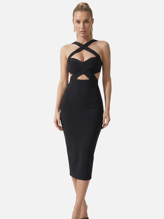 Montviro | Women’s Criss Cross Halter Midi Dress – Elegant Evening Style