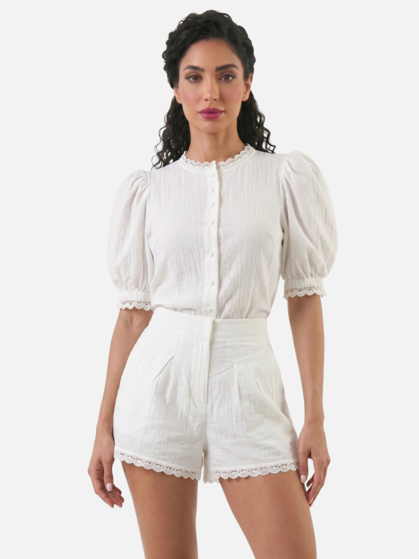 Montviro | Women’s Puff Sleeve Lace Trim Co-Ord Set – Refined Holiday Style
