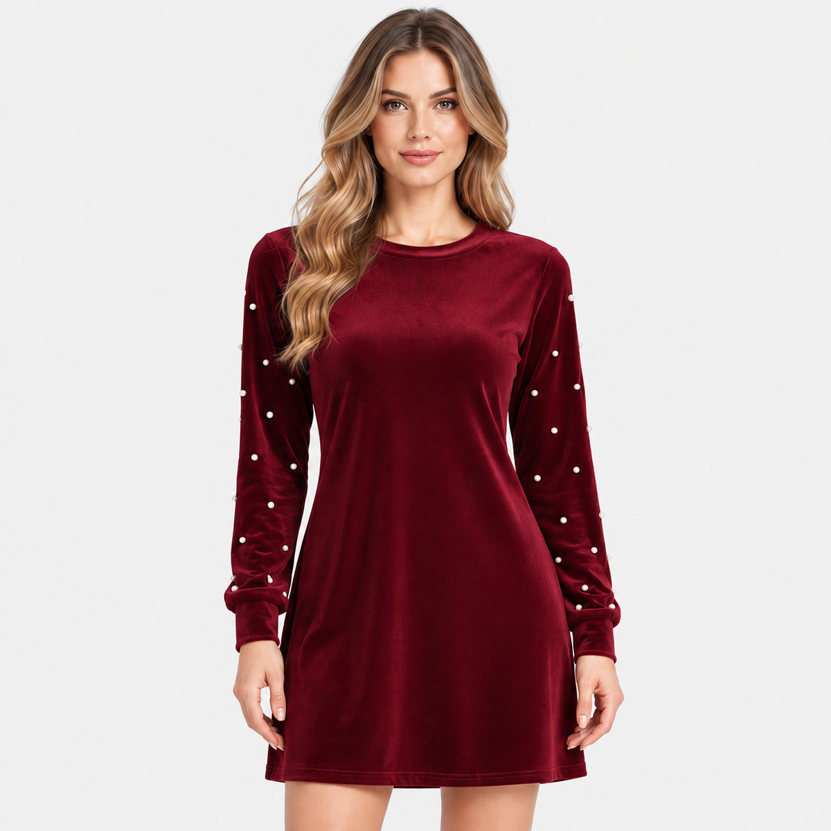 Montviro | Women's Velvet Dress Pearl Beaded Lantern Sleeve Elegant Gown
