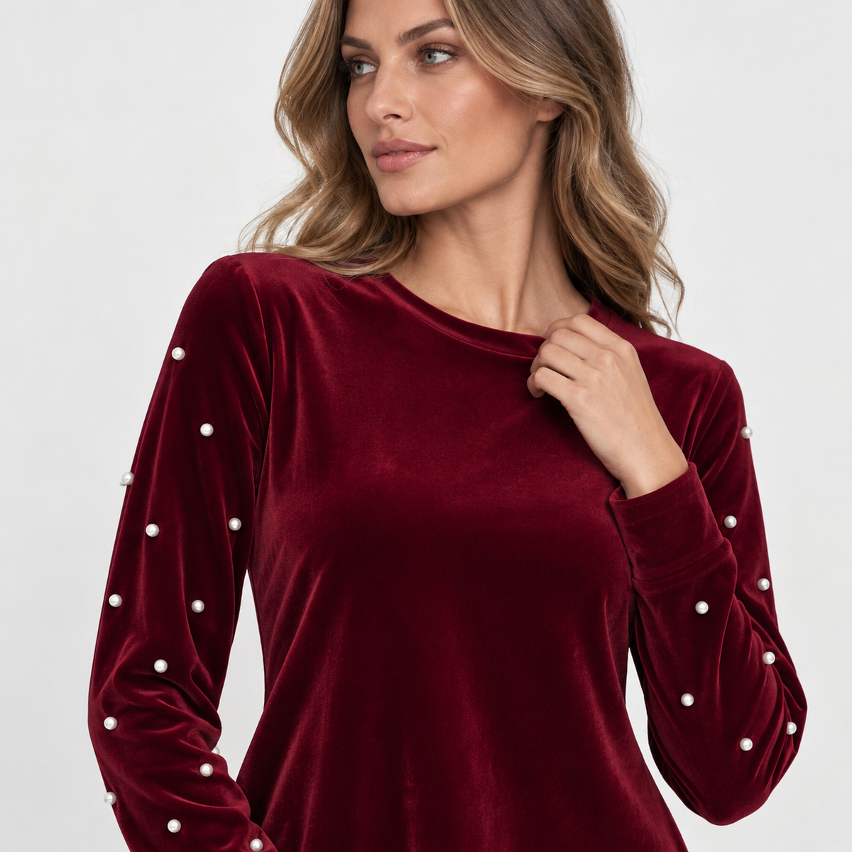 Montviro | Women's Velvet Dress Pearl Beaded Lantern Sleeve Elegant Gown