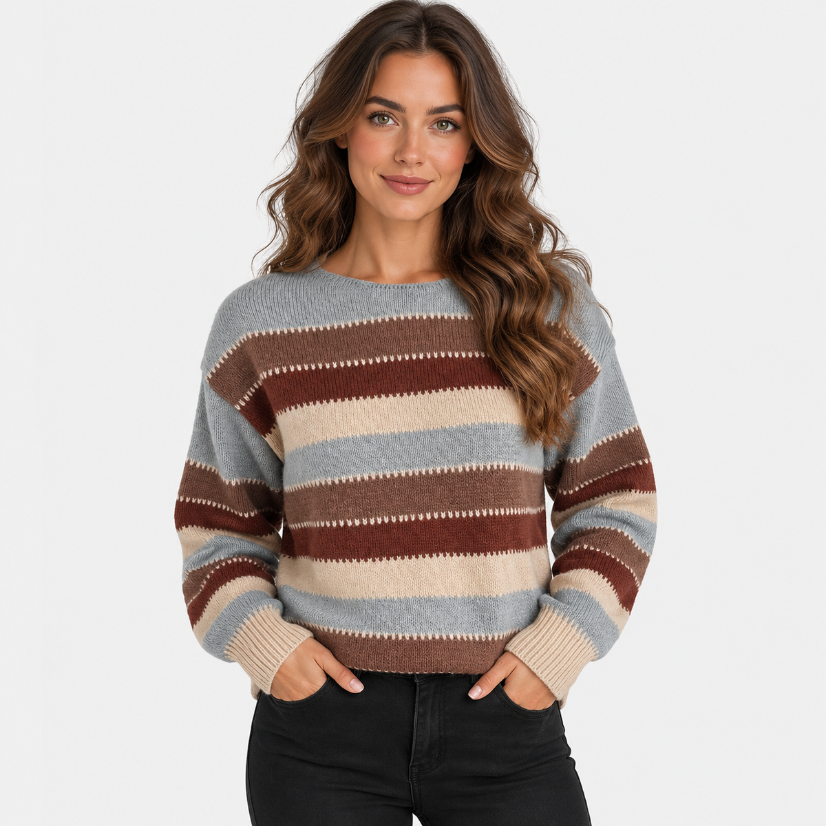 Montviro | Women’s Striped Sweater Vintage Knit Loose Fit Crew Neck Pullover