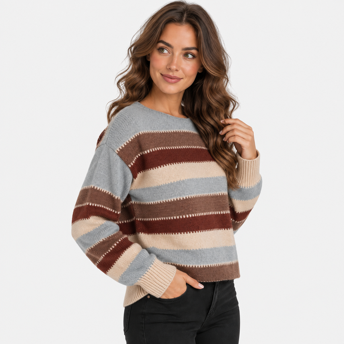 Montviro | Women’s Striped Sweater Vintage Knit Loose Fit Crew Neck Pullover
