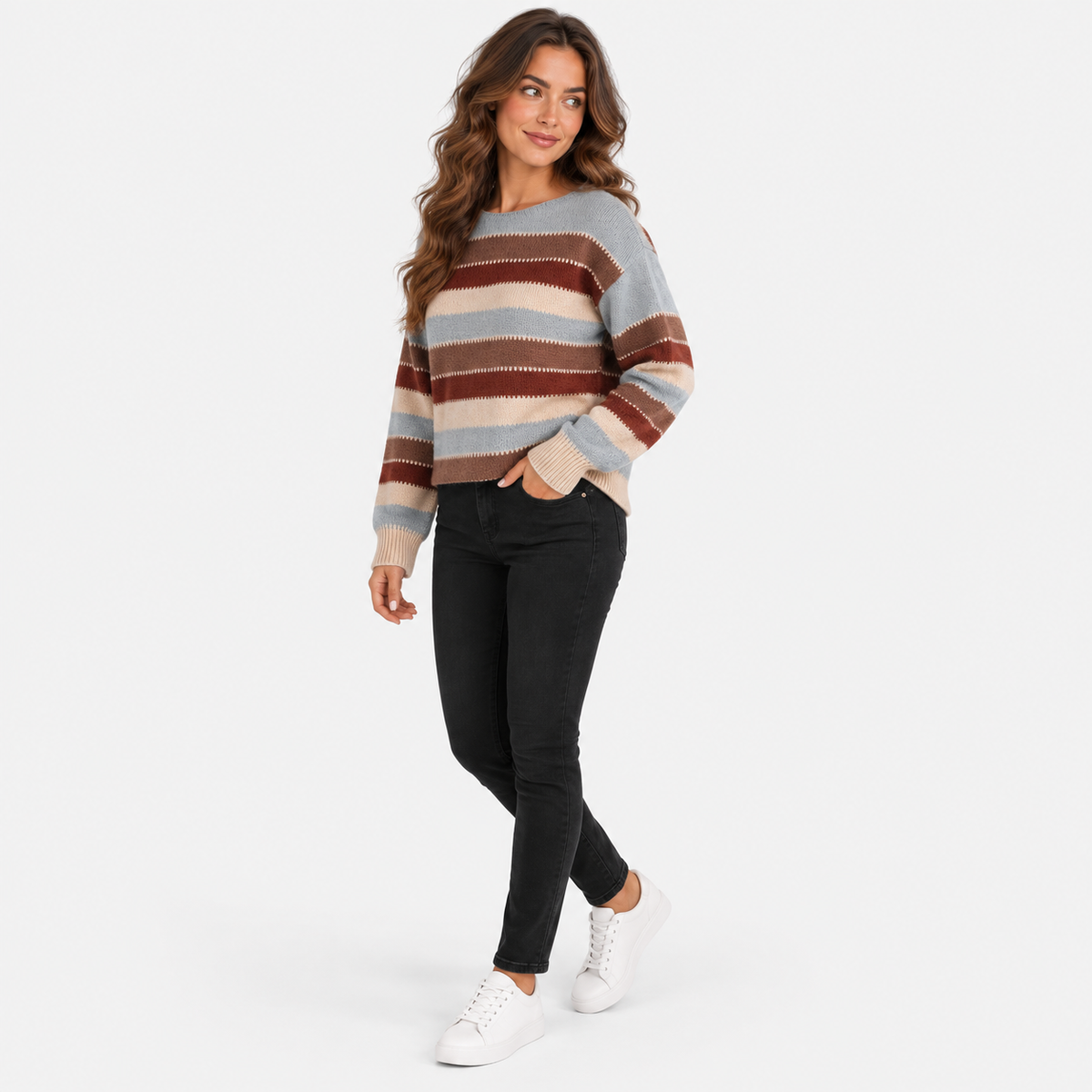 Montviro | Women’s Striped Sweater Vintage Knit Loose Fit Crew Neck Pullover