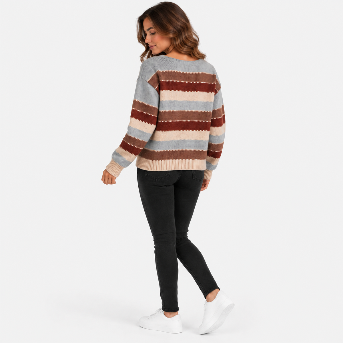 Montviro | Women’s Striped Sweater Vintage Knit Loose Fit Crew Neck Pullover