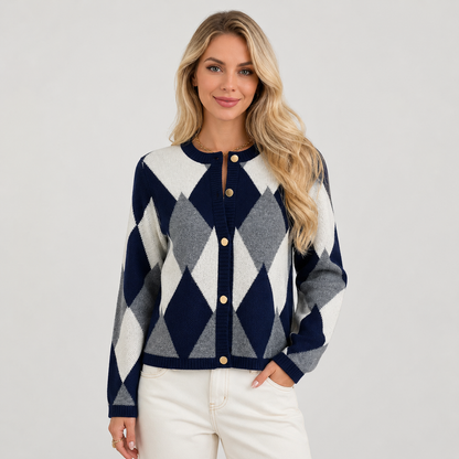 Montviro | Women's Argyle Cardigan - Crew Neck Fall Winter Sweater