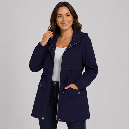 Montviro | Women's Hooded Trench Coat - Drawstring Waist Knee Length