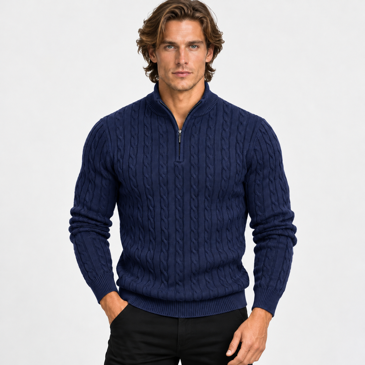 Montviro | Men’s Cable Knit Sweater Quarter Zip Stand Collar Pullover