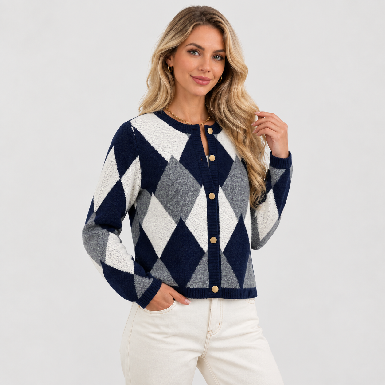 Montviro | Women's Argyle Cardigan - Crew Neck Fall Winter Sweater