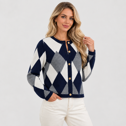 Montviro | Women's Argyle Cardigan - Crew Neck Fall Winter Sweater