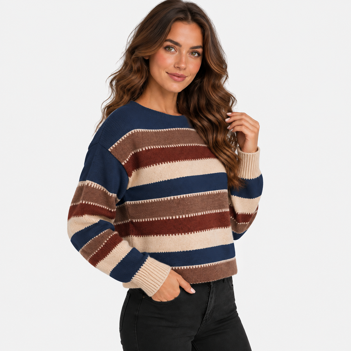 Montviro | Women’s Striped Sweater Vintage Knit Loose Fit Crew Neck Pullover