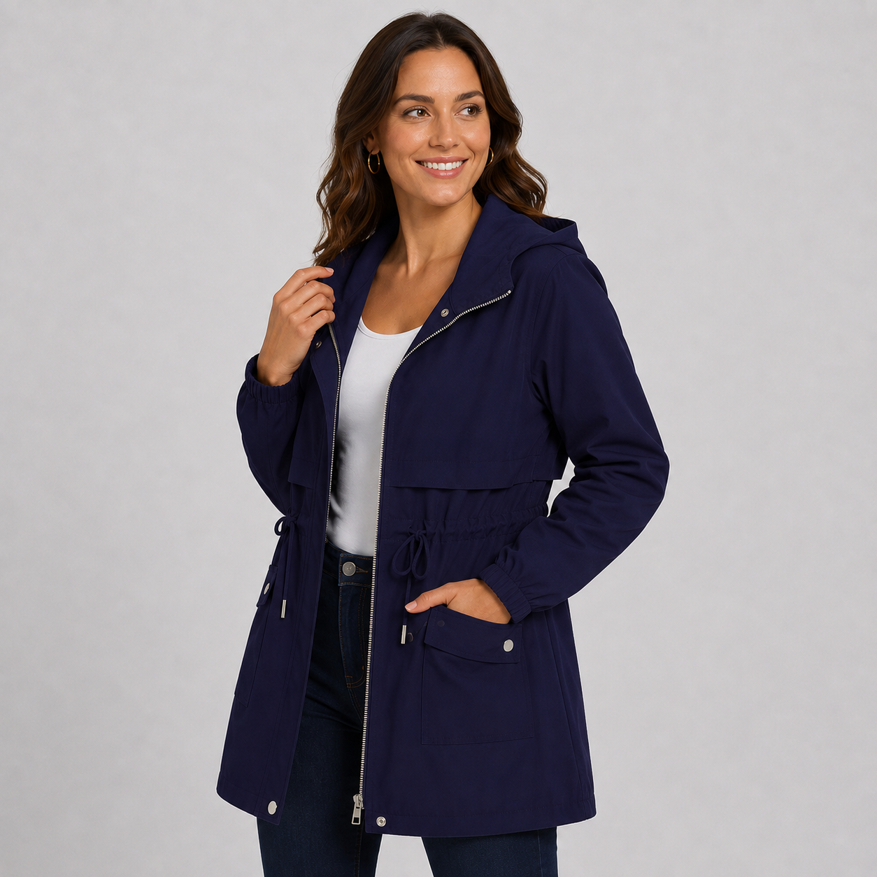 Montviro | Women's Hooded Trench Coat - Drawstring Waist Knee Length