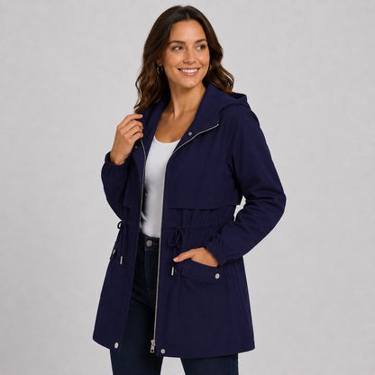 Montviro | Women's Hooded Trench Coat - Drawstring Waist Knee Length