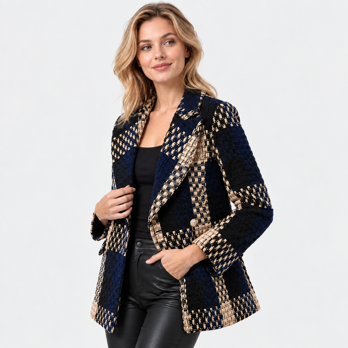 Montviro | Women's Plaid Blazer Double Breasted Suit Jacket