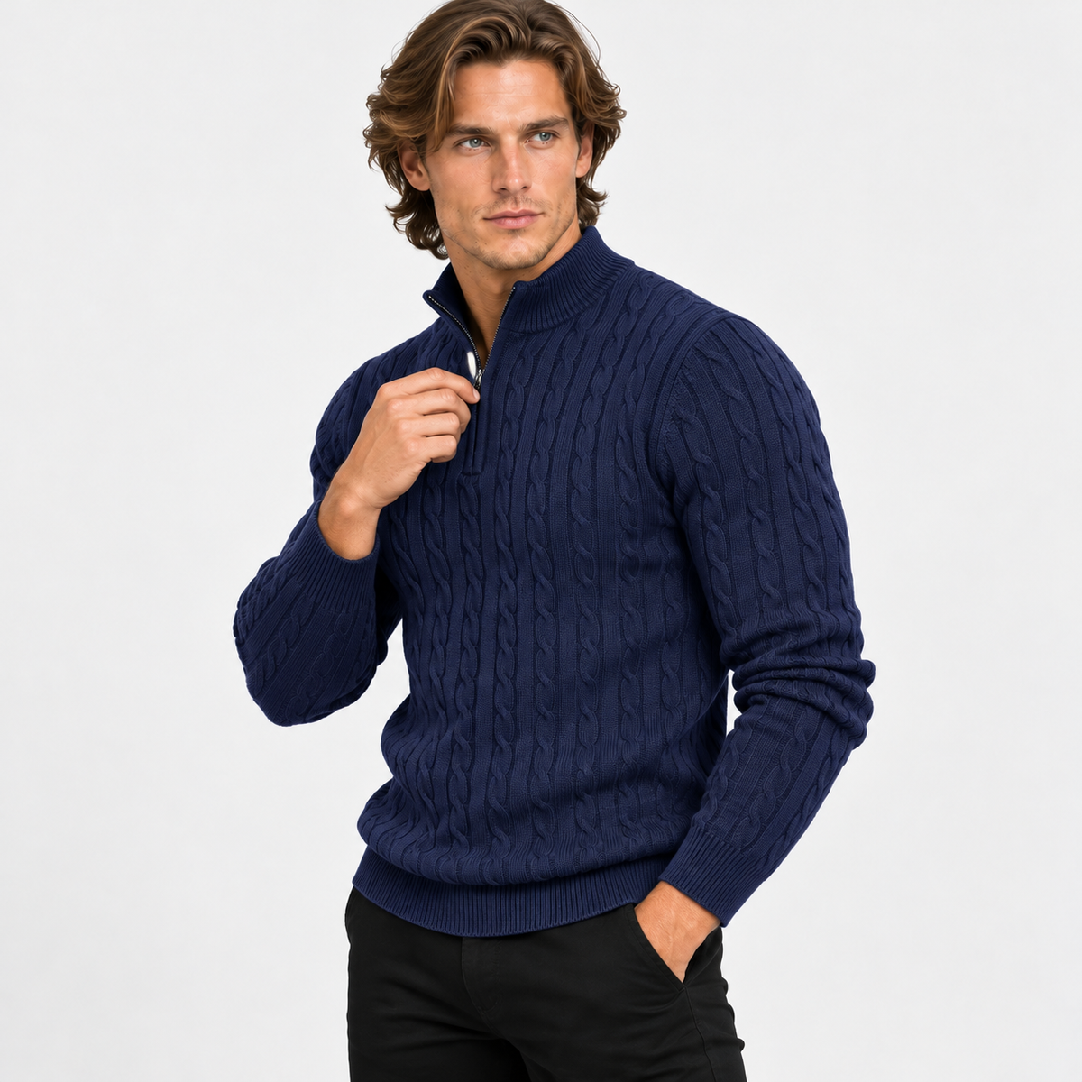 Montviro | Men’s Cable Knit Sweater Quarter Zip Stand Collar Pullover