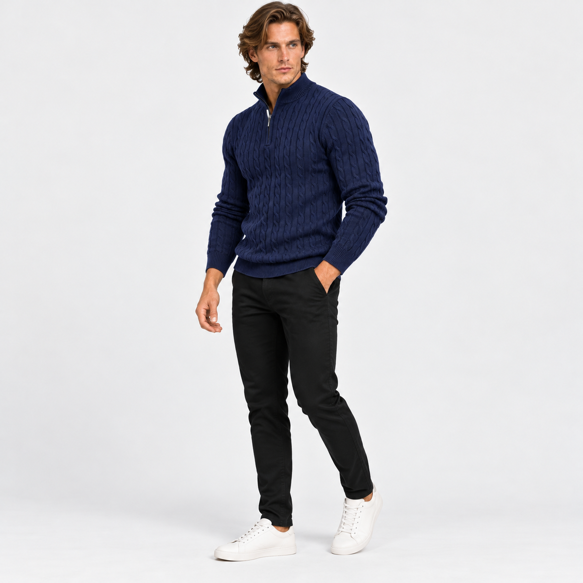Montviro | Men’s Cable Knit Sweater Quarter Zip Stand Collar Pullover