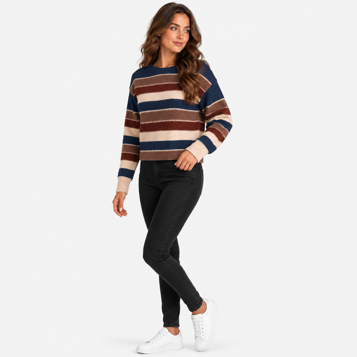 Montviro | Women’s Striped Sweater Vintage Knit Loose Fit Crew Neck Pullover