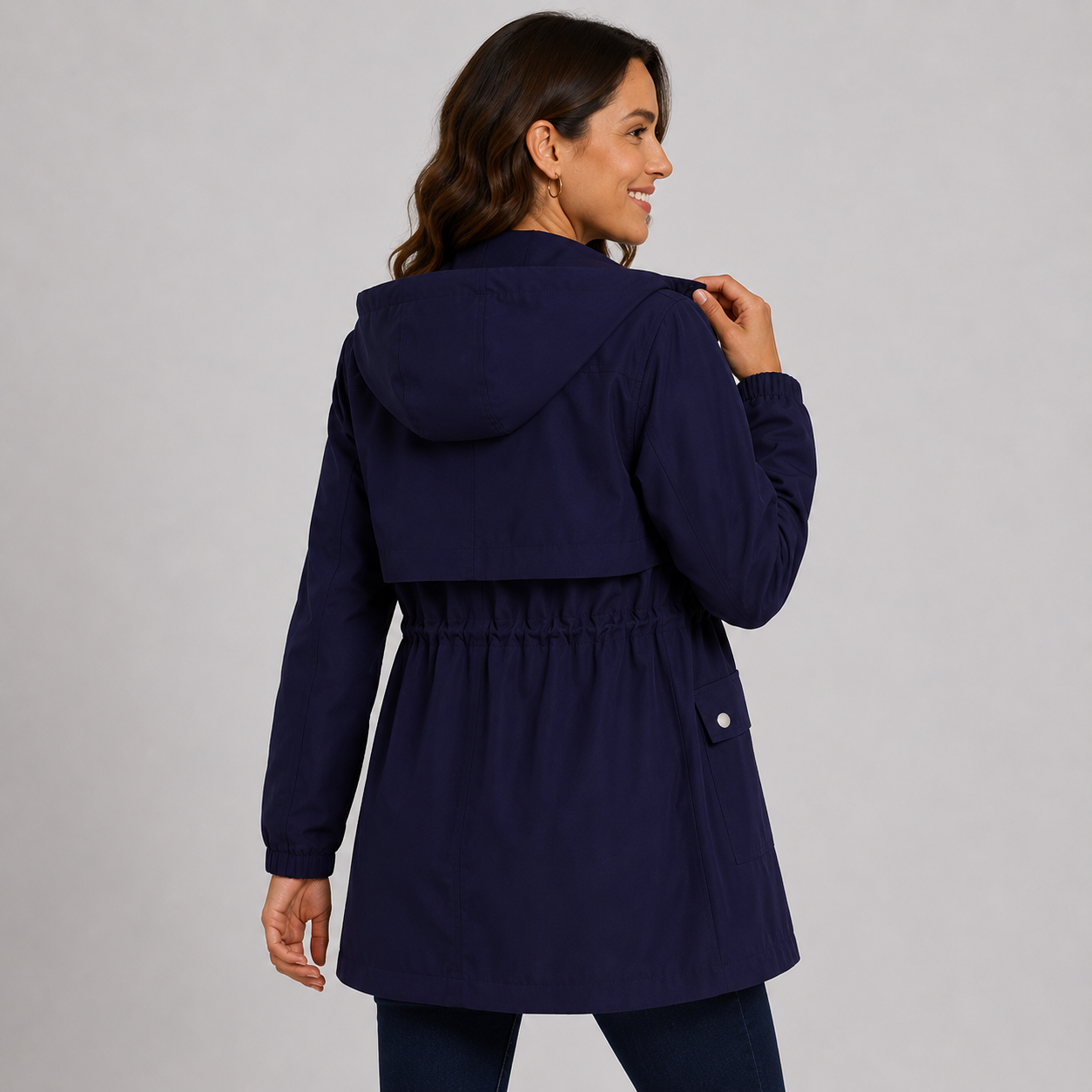 Montviro | Women's Hooded Trench Coat - Drawstring Waist Knee Length