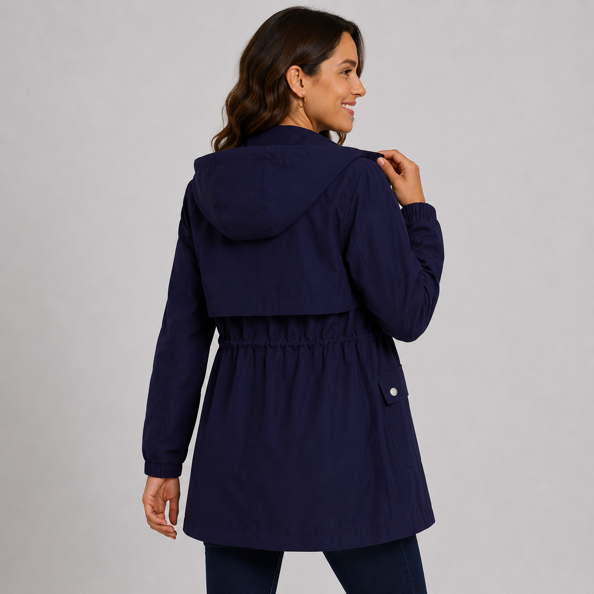 Montviro | Women's Hooded Trench Coat - Drawstring Waist Knee Length