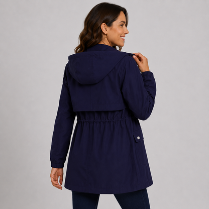 Montviro | Women's Hooded Trench Coat - Drawstring Waist Knee Length