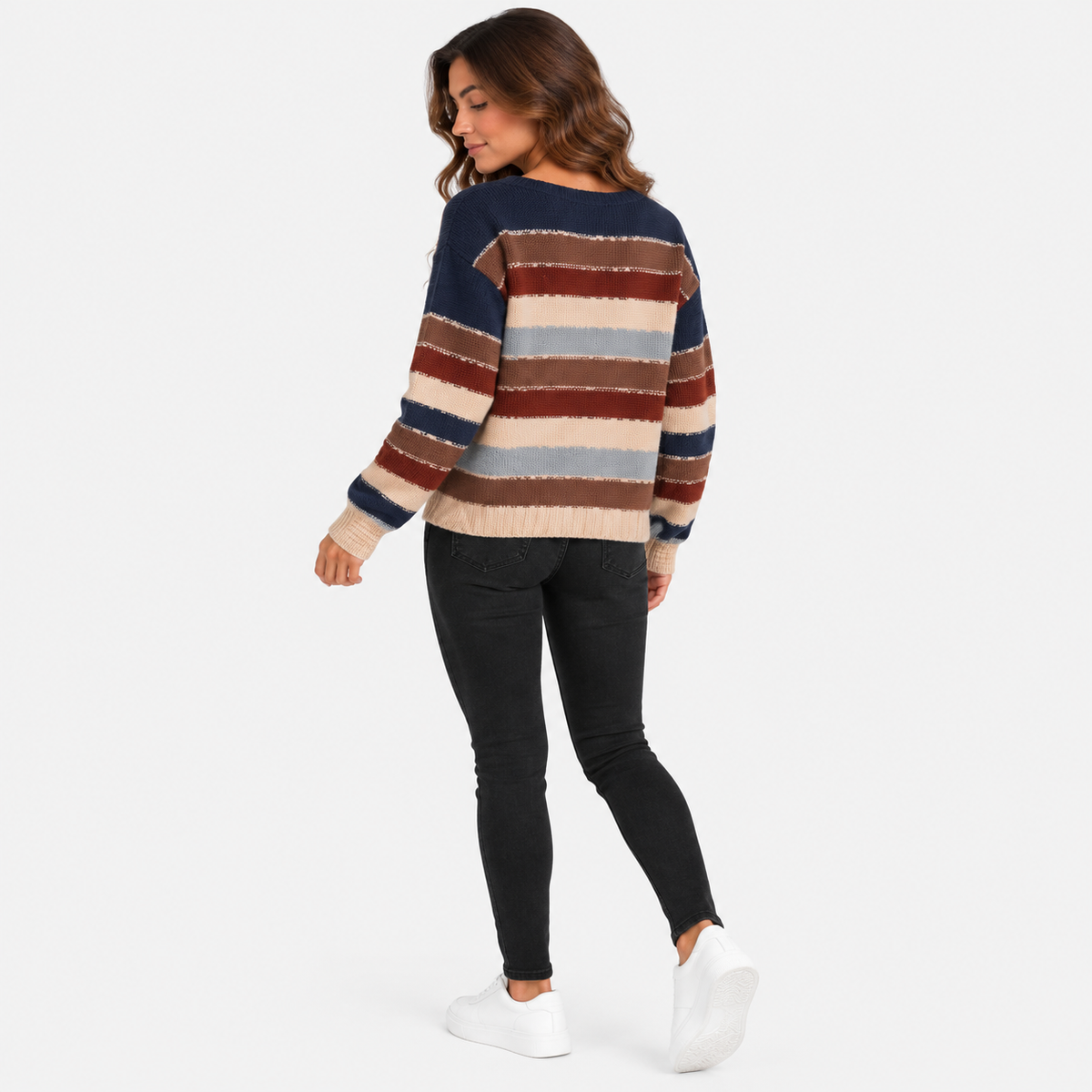 Montviro | Women’s Striped Sweater Vintage Knit Loose Fit Crew Neck Pullover