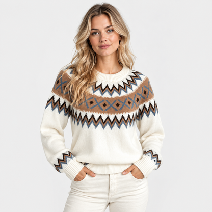Montviro | Women's Geometric Pattern Sweater Color Block Crew Neck Knit Pullover