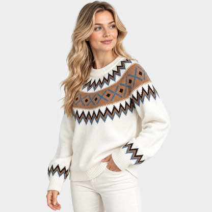 Montviro | Women's Geometric Pattern Sweater Color Block Crew Neck Knit Pullover