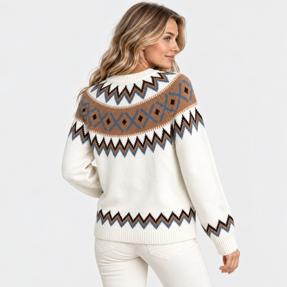Montviro | Women's Geometric Pattern Sweater Color Block Crew Neck Knit Pullover