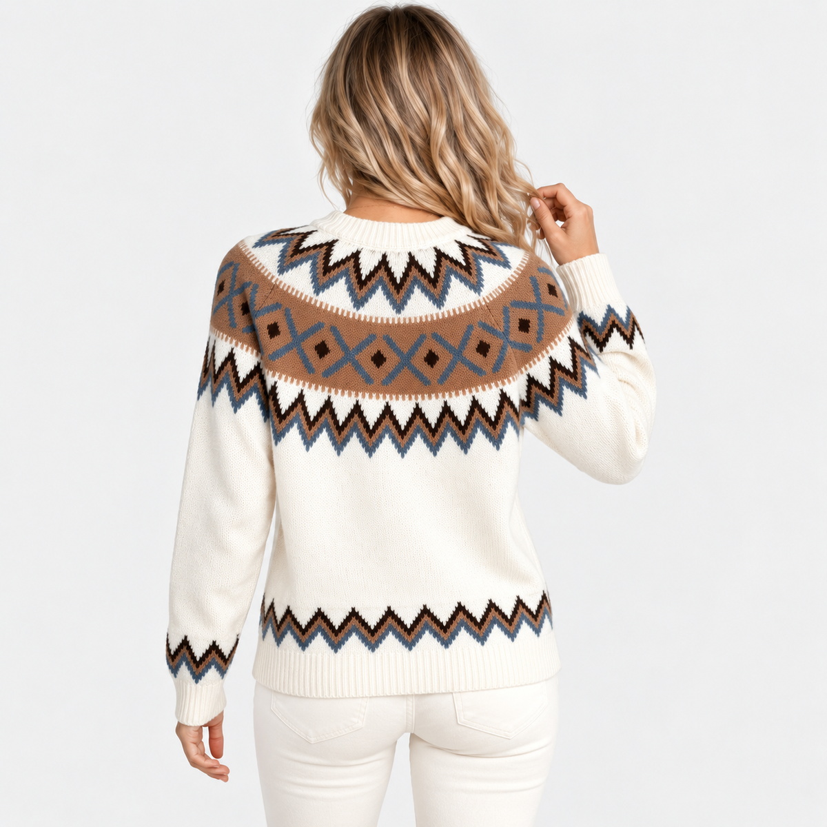 Montviro | Women's Geometric Pattern Sweater Color Block Crew Neck Knit Pullover