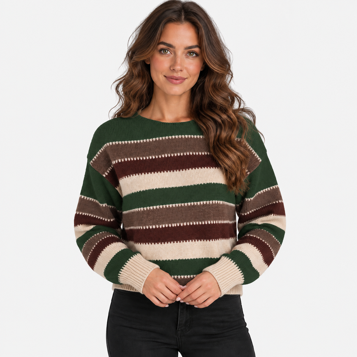 Montviro | Women’s Striped Sweater Vintage Knit Loose Fit Crew Neck Pullover