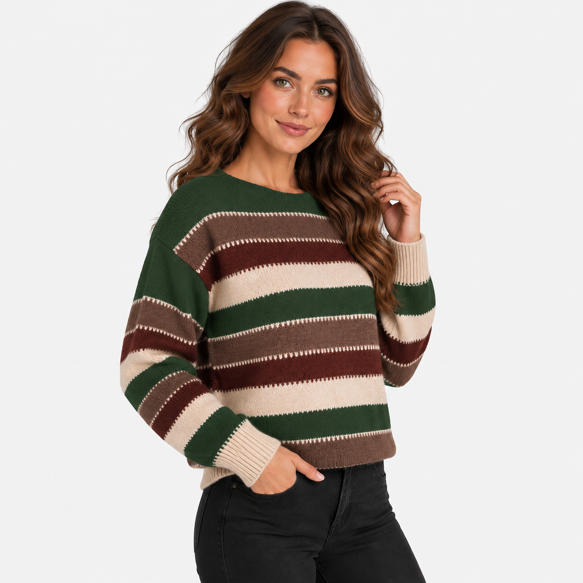 Montviro | Women’s Striped Sweater Vintage Knit Loose Fit Crew Neck Pullover