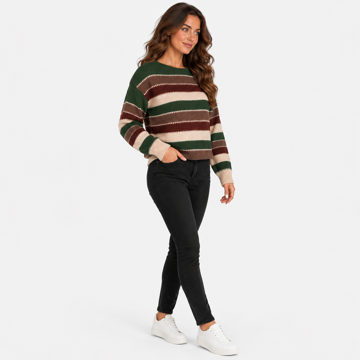 Montviro | Women’s Striped Sweater Vintage Knit Loose Fit Crew Neck Pullover
