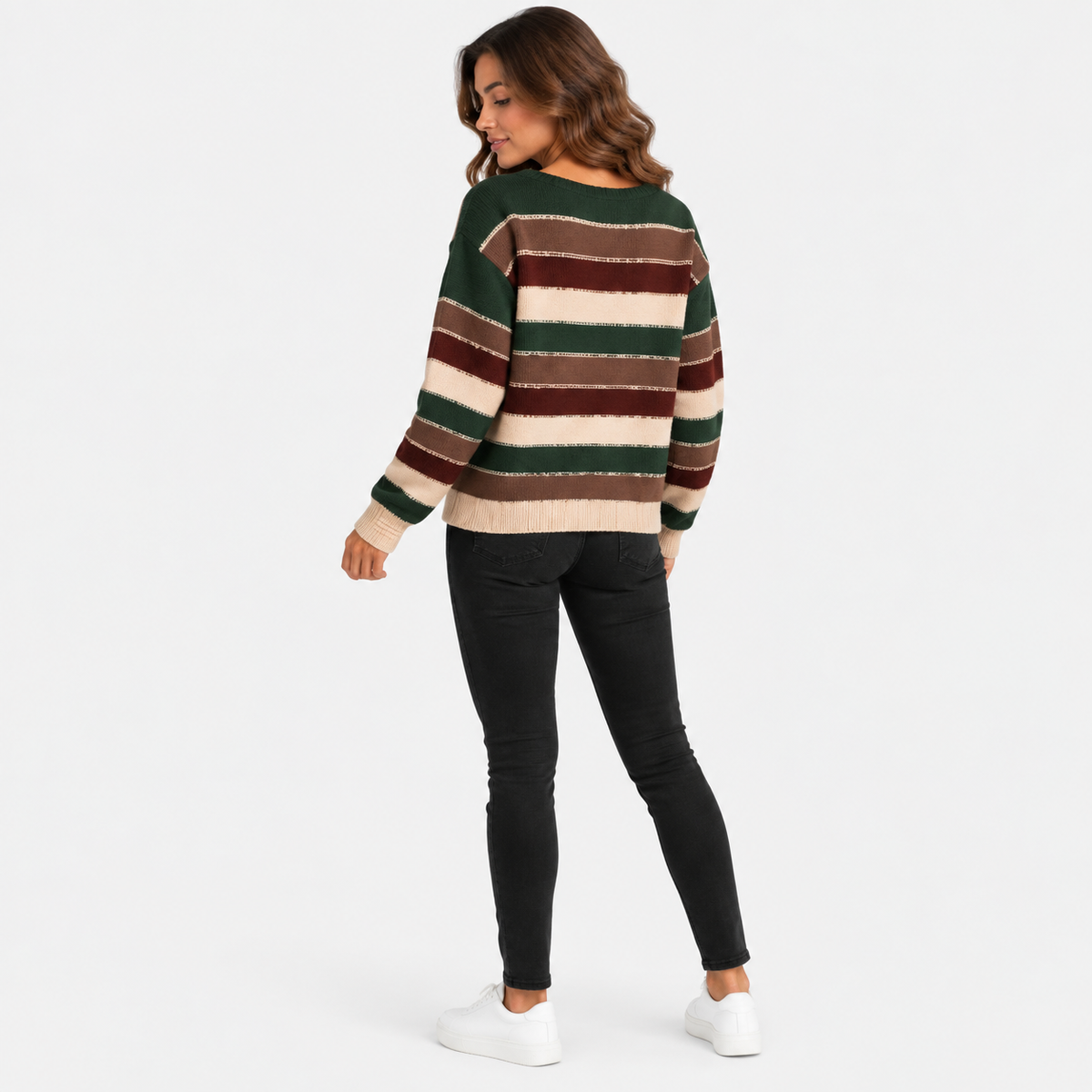 Montviro | Women’s Striped Sweater Vintage Knit Loose Fit Crew Neck Pullover