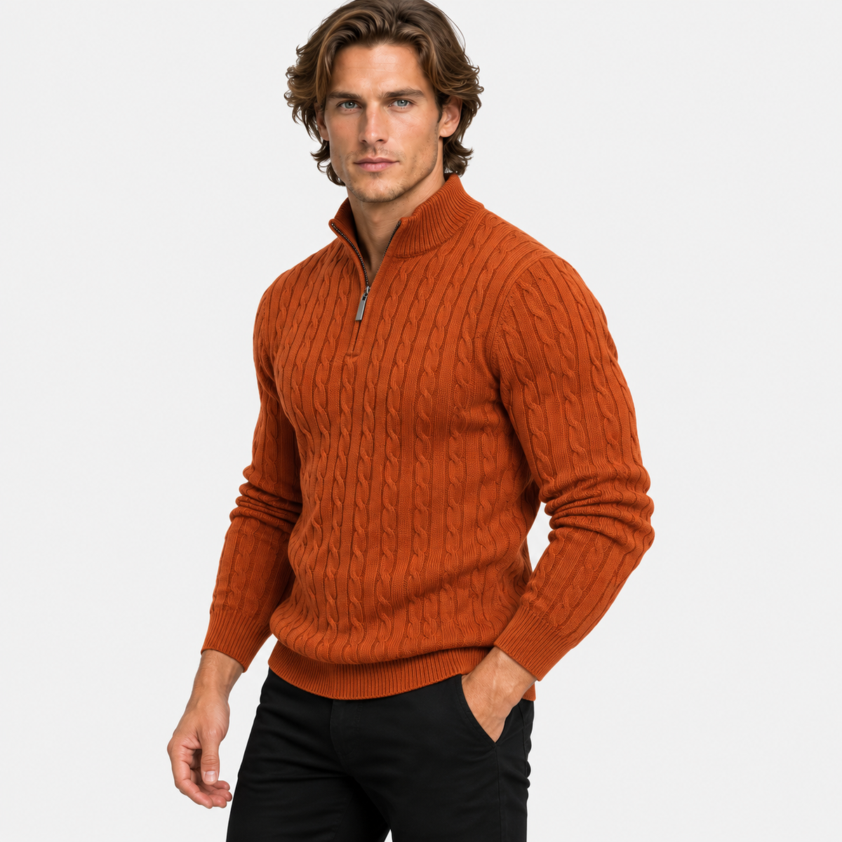 Montviro | Men’s Cable Knit Sweater Quarter Zip Stand Collar Pullover