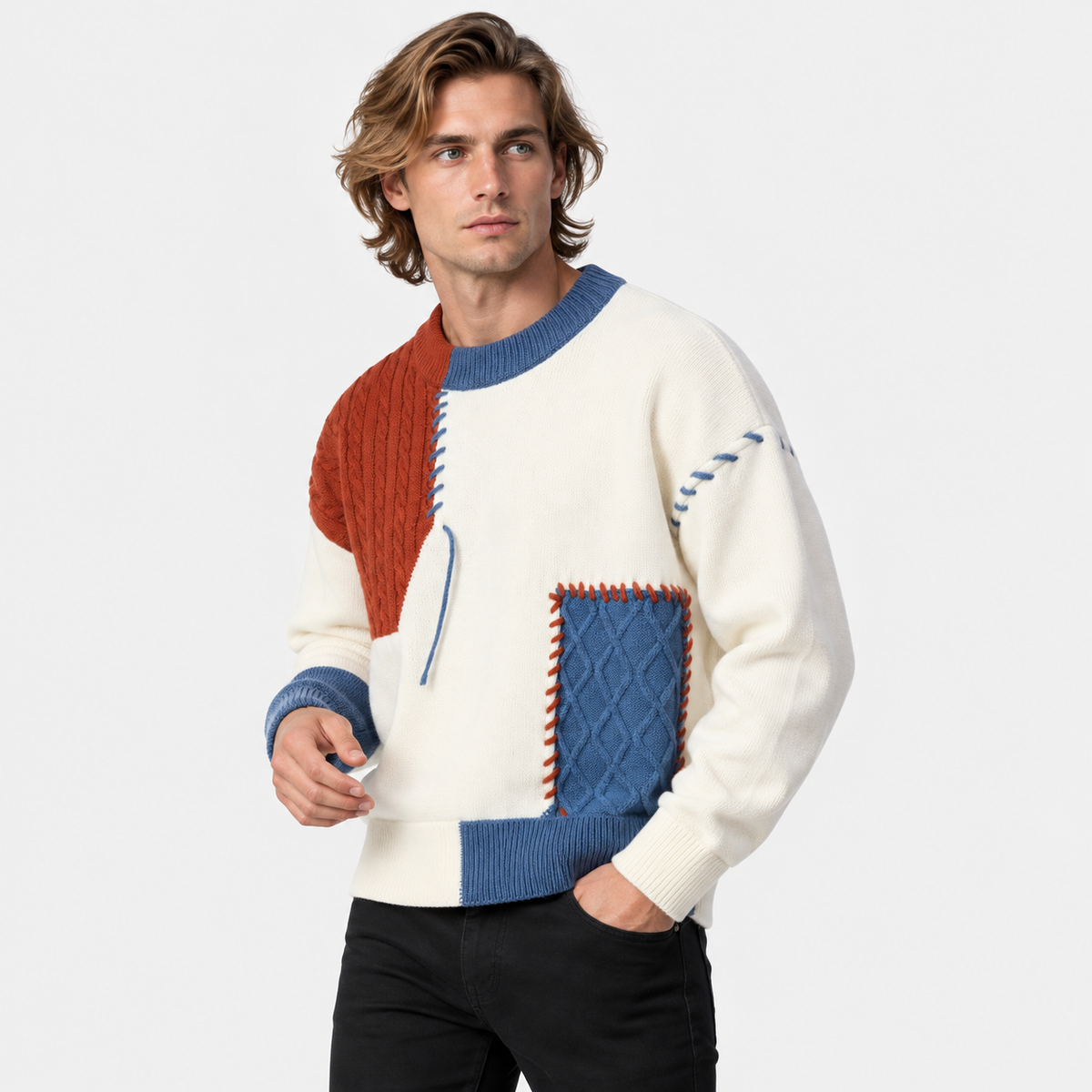 Montviro | Men's Color Block Sweater Knit Crew Neck Casual Winter Top