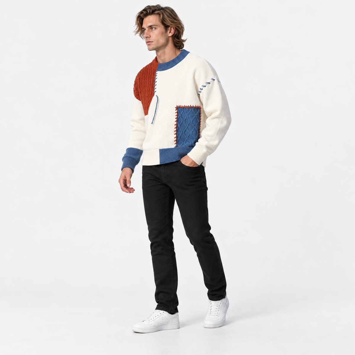 Montviro | Men's Color Block Sweater Knit Crew Neck Casual Winter Top