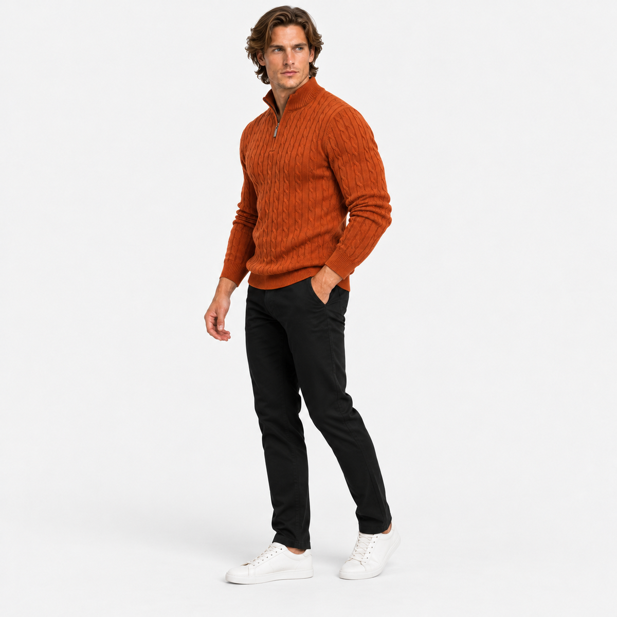 Montviro | Men’s Cable Knit Sweater Quarter Zip Stand Collar Pullover