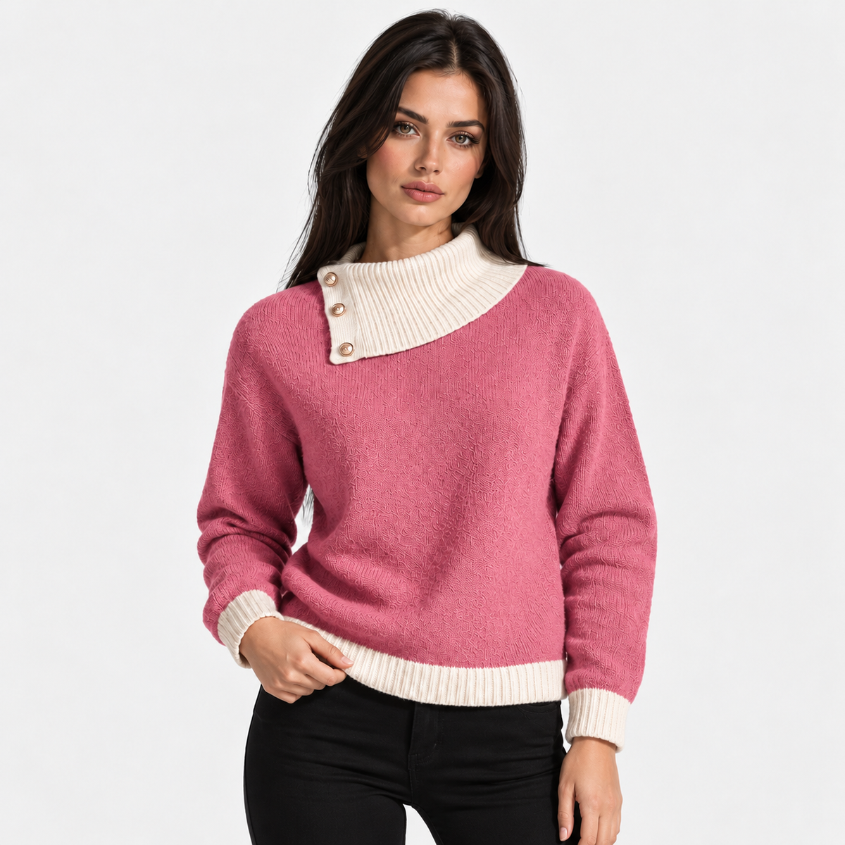 Montviro | Women's Asymmetric Neck Knit Sweater with Side Buttons