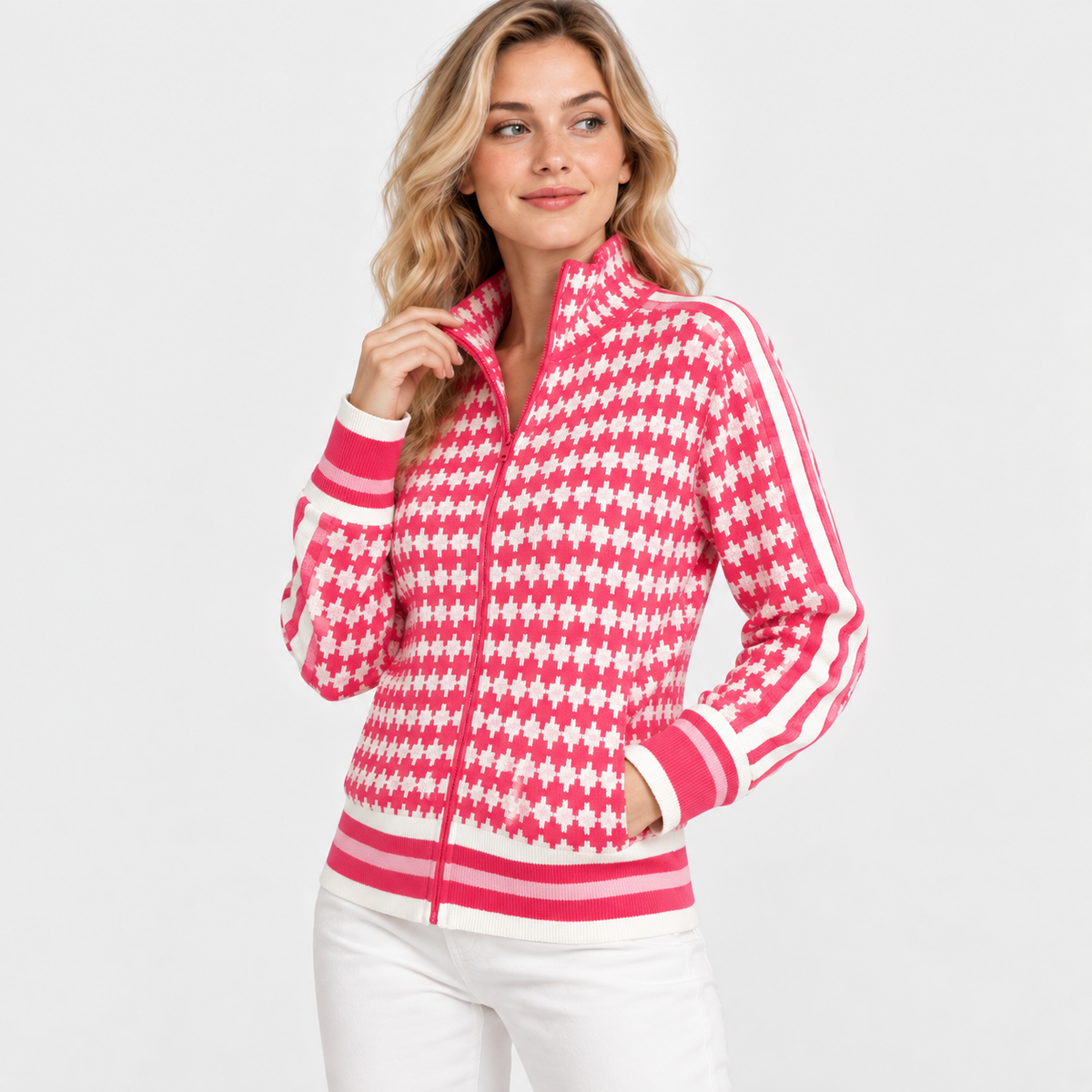 Montviro | Women's Plaid Cardigan Zip-Up High Neck Knit Sweater