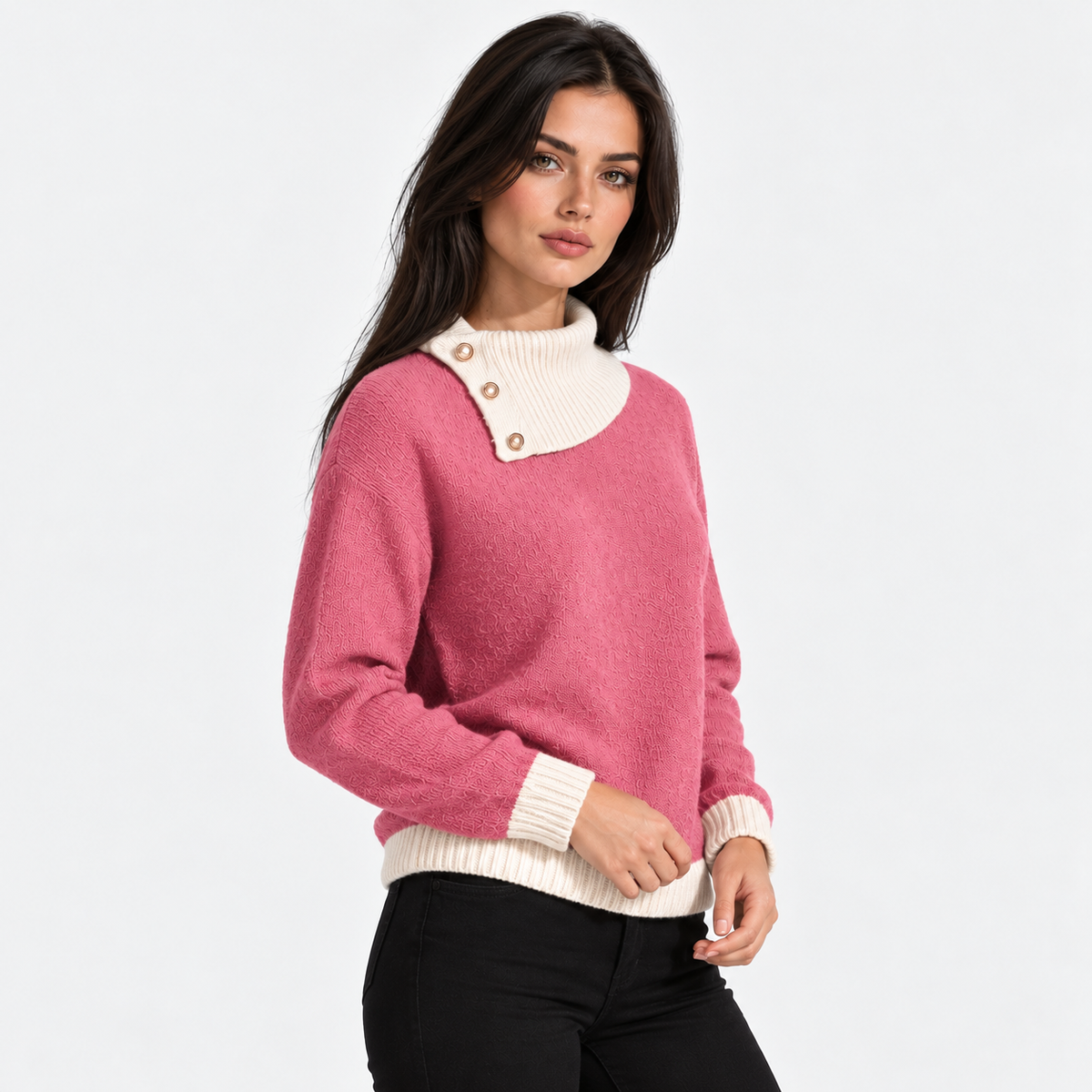 Montviro | Women's Asymmetric Neck Knit Sweater with Side Buttons