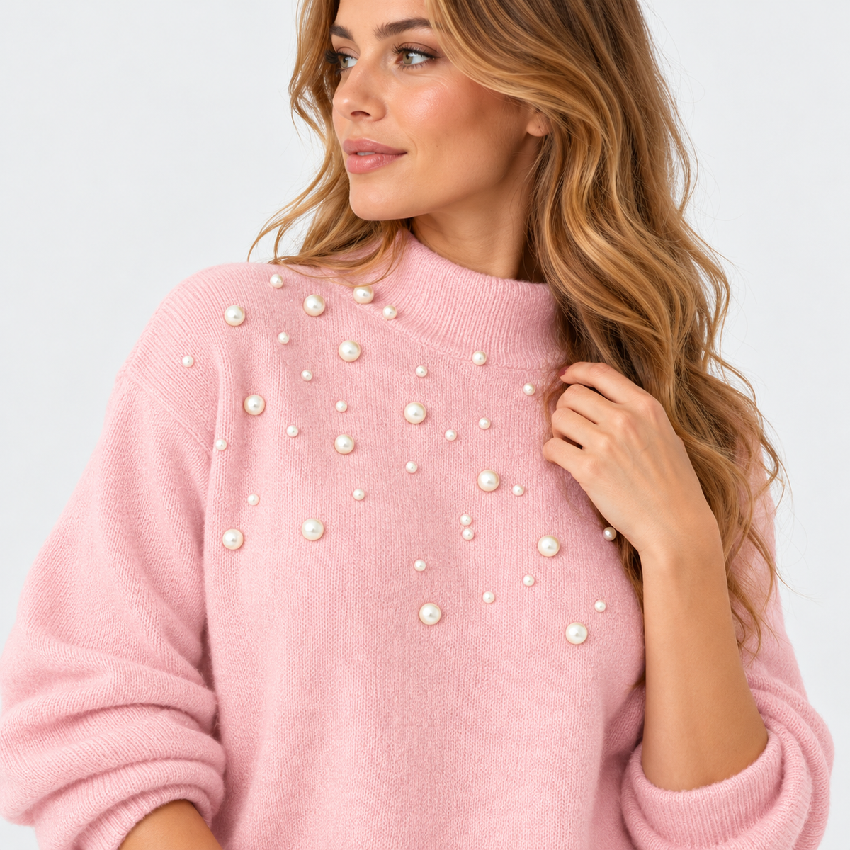 Montviro | Women's Pearl Beaded Pullover Sweater with High Neck