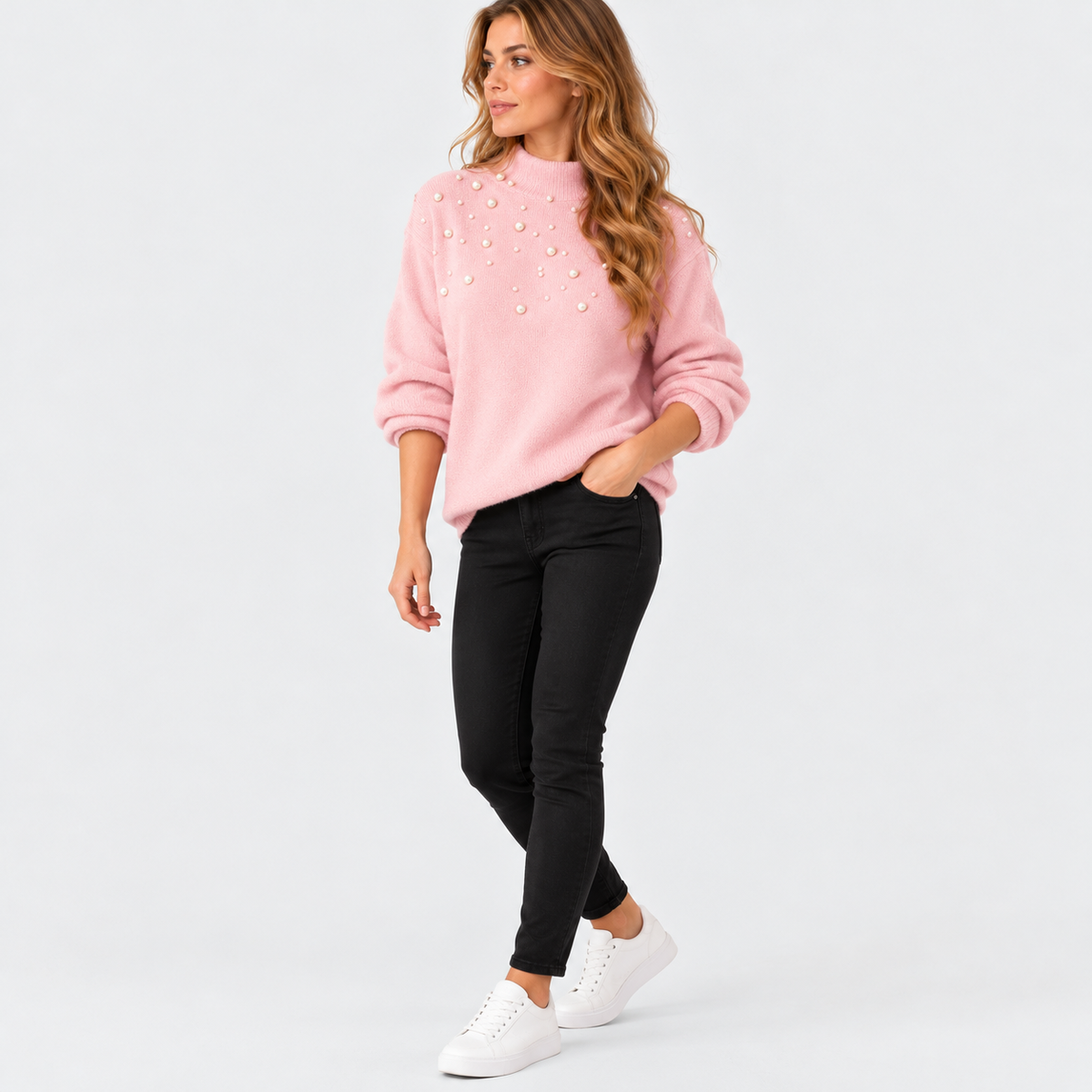 Montviro | Women's Pearl Beaded Pullover Sweater with High Neck