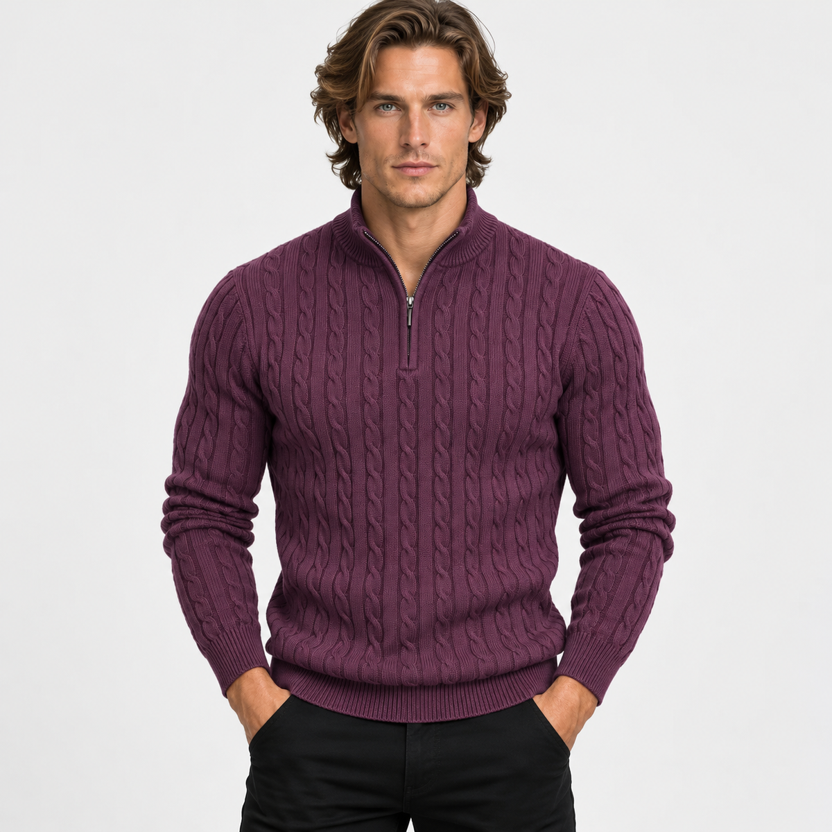 Montviro | Men’s Cable Knit Sweater Quarter Zip Stand Collar Pullover