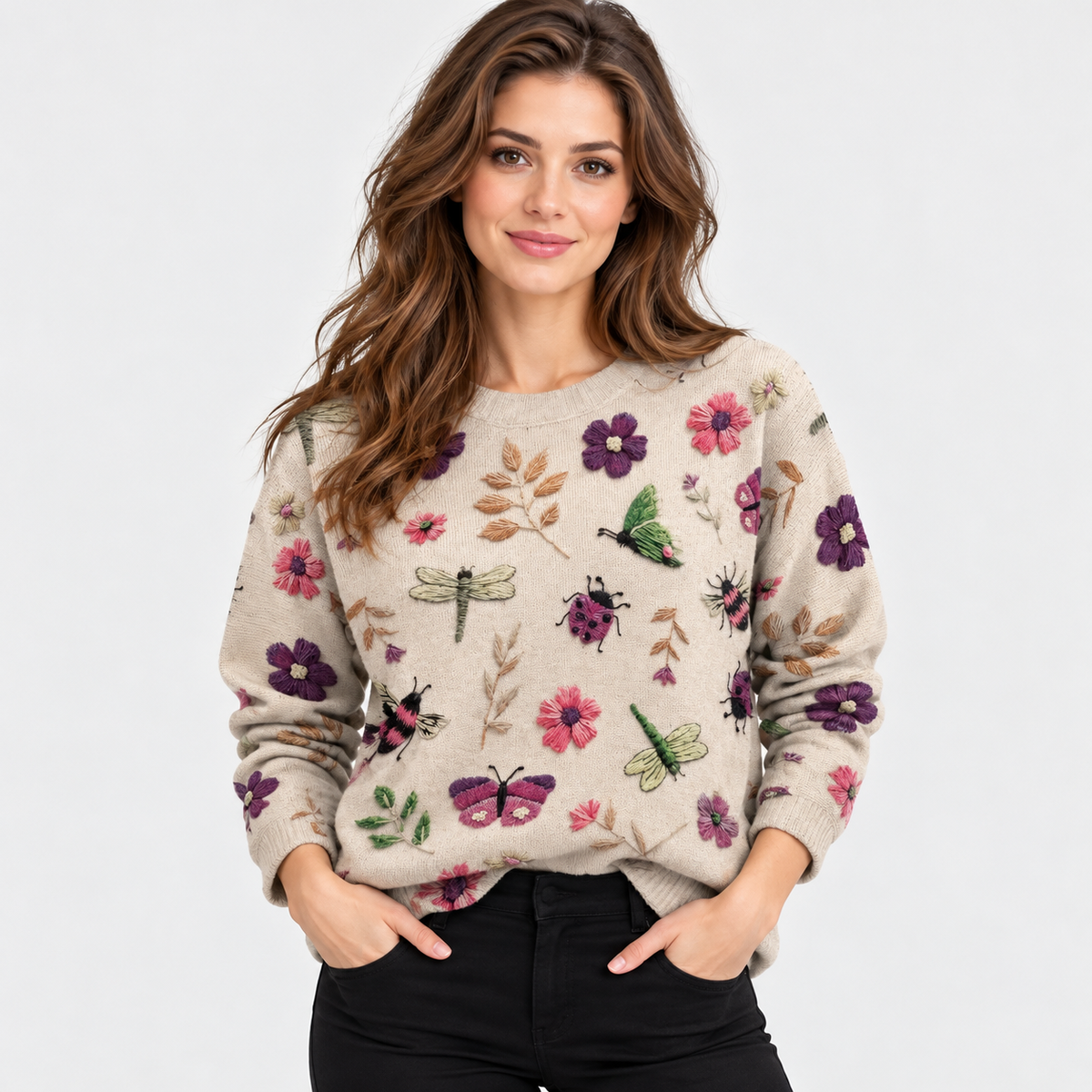 Montviro | Women's Floral Print Crew Neck Sweater with Long Sleeves