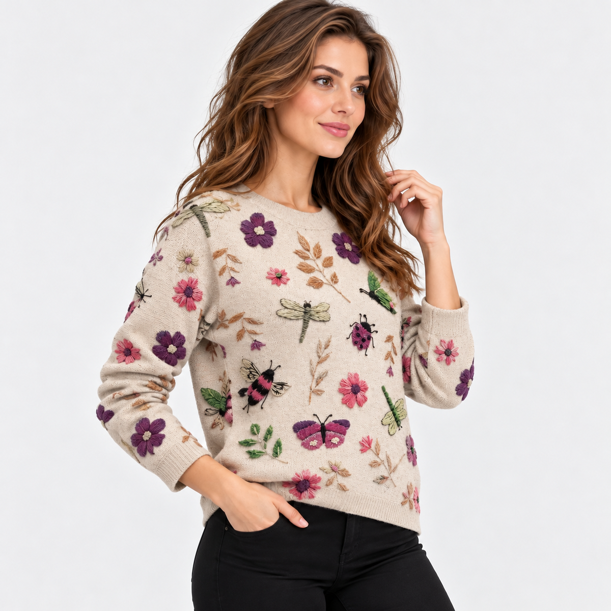 Montviro | Women's Floral Print Crew Neck Sweater with Long Sleeves