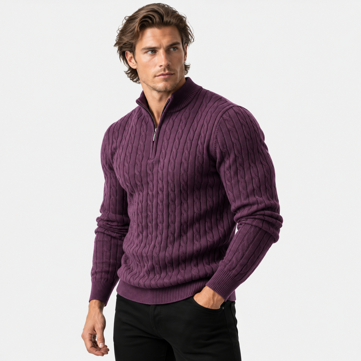 Montviro | Men’s Cable Knit Sweater Quarter Zip Stand Collar Pullover