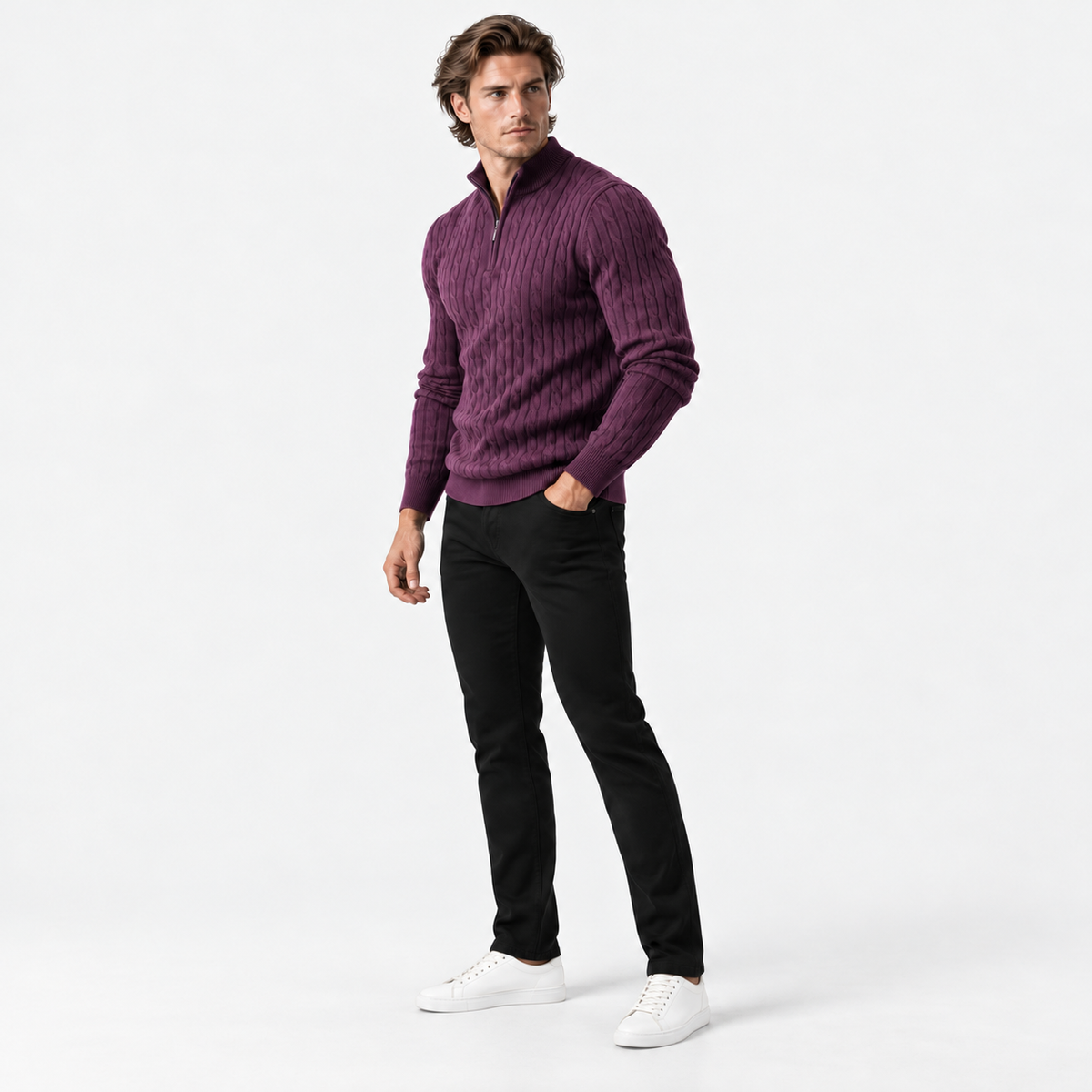 Montviro | Men’s Cable Knit Sweater Quarter Zip Stand Collar Pullover