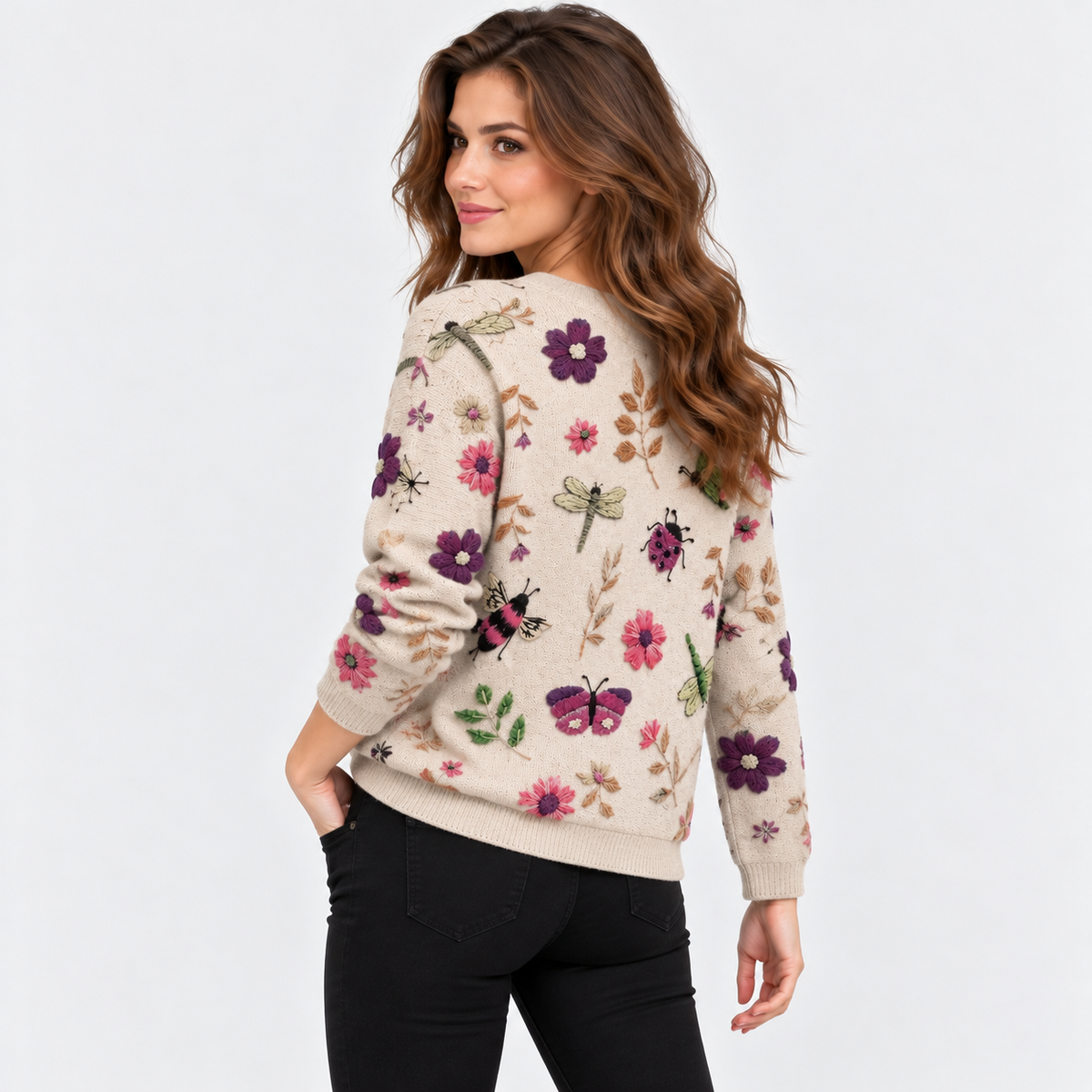 Montviro | Women's Floral Print Crew Neck Sweater with Long Sleeves