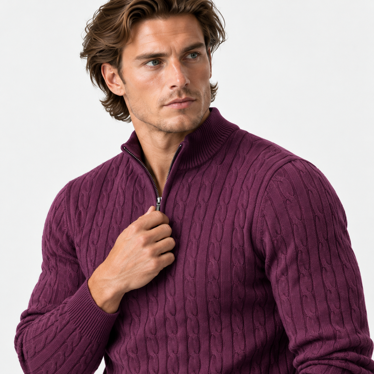Montviro | Men’s Cable Knit Sweater Quarter Zip Stand Collar Pullover